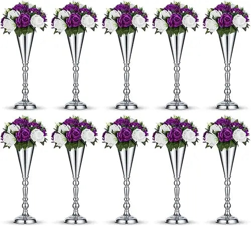 Elegant 16.5 Inch Silver Metal Flower Trumpet Vases for Wedding Table Centerpieces, Set of 10, Artificial Flower Arrangements