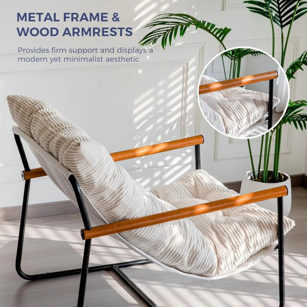 Modern Accent Chair, Comfy Living Room Chair with Metal Frame Wooden Armrest, Upholstered Armchair with Soft Cushion for Bedroom