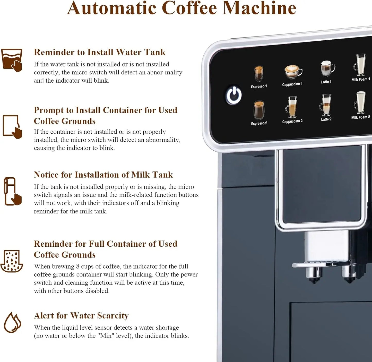 Fully Automatic Coffee Maker with Built-in 3-Level Grinder Expresso/Cappuccino/Latte/Americano Coffee Machines with Self-Cleanin