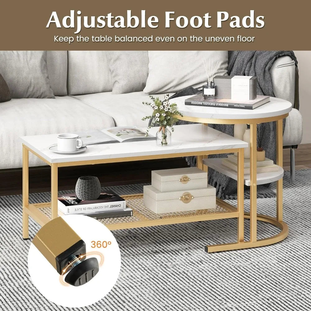 Nesting Coffee Table Set of 2, Detachable Rectangular Coffee Table & Small Round End Table Set, Faux Marble Pattern & Sturdy Me