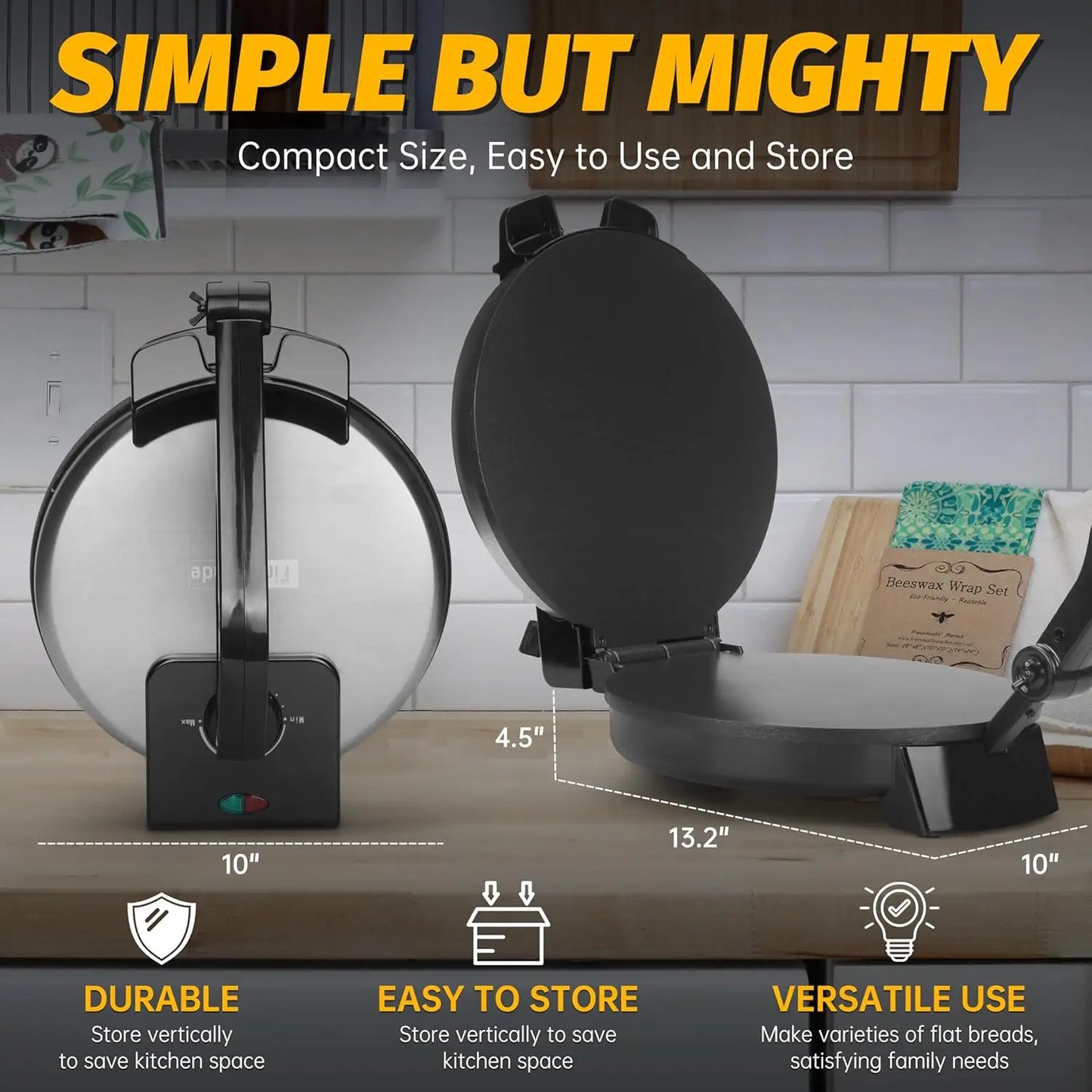 Compact 10'' Roti Maker Machine, Electric Tortilla Press with Detachable Handle, Chapati Maker Machine, Burrito Maker, Prensa Pa