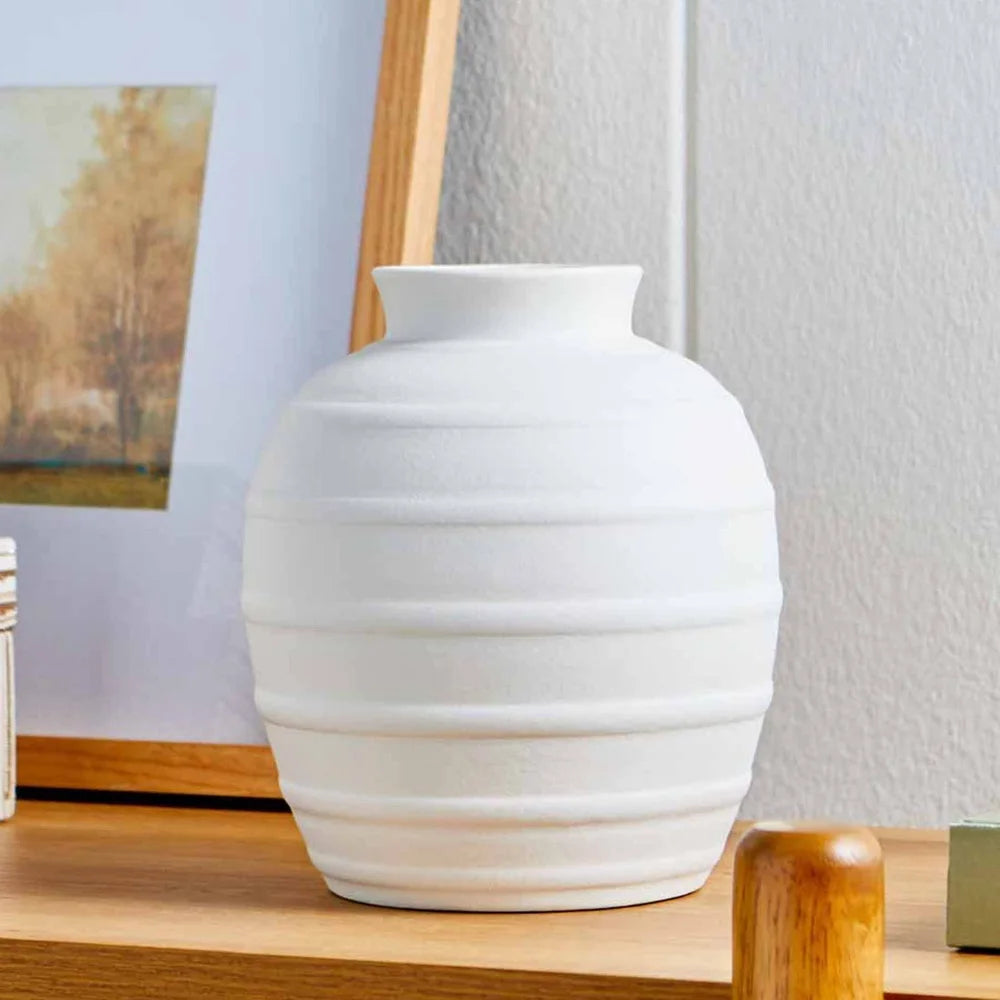 Textured Ribbed Ceramic Flower Vase 8 Inch Indoor Decor Rustic Home Accent Wide Opening Floral Displays