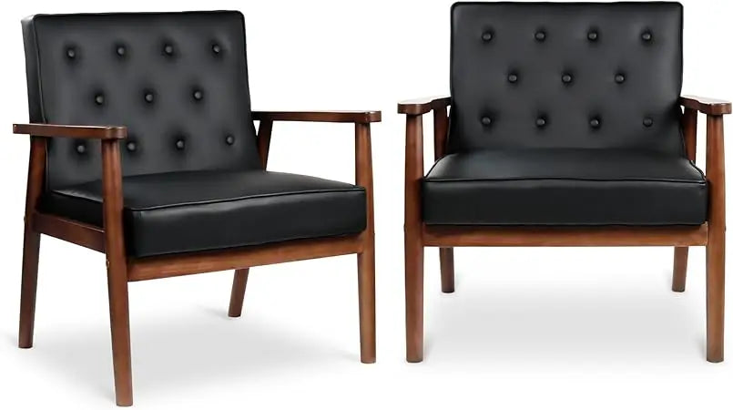 Mid Century Modern Chair, PU Leather Accent Chair Set of 2 with Wood Arms, Living Room Chairs, Reading Armchair for Bedroom, Wa