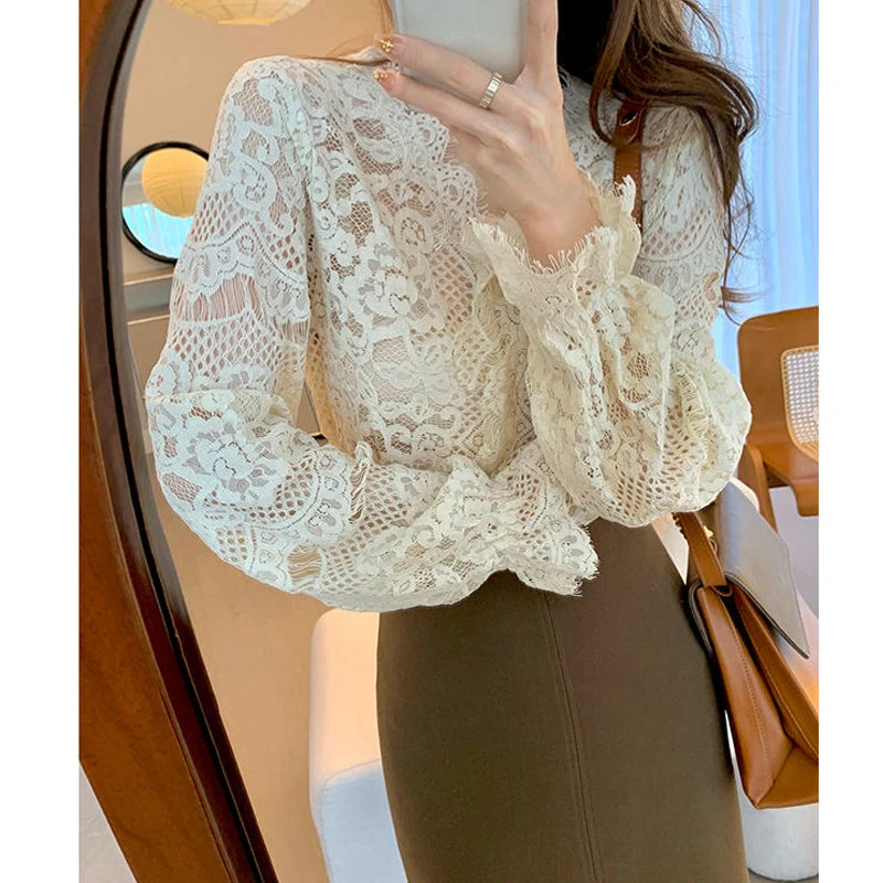 Women's Clothing 2024 Spring Autumn Sexy Hollow Out Lace Chic Vintage T-shirts Female Casual Solid V Neck Slim Long Sleeve Tops