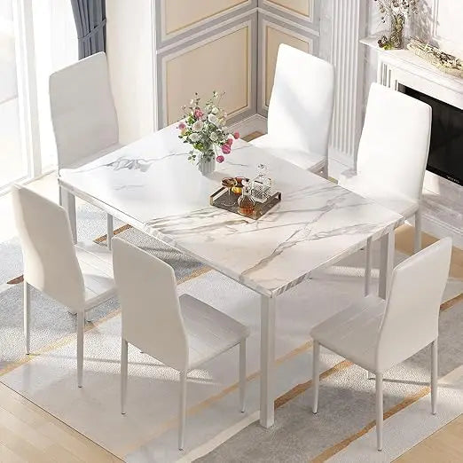 7 Piece Dining Table Set for 6, Faux Marble Kitchen Table Chairs Set for 6 Person, Modern Dining Room Table Set for Small Space