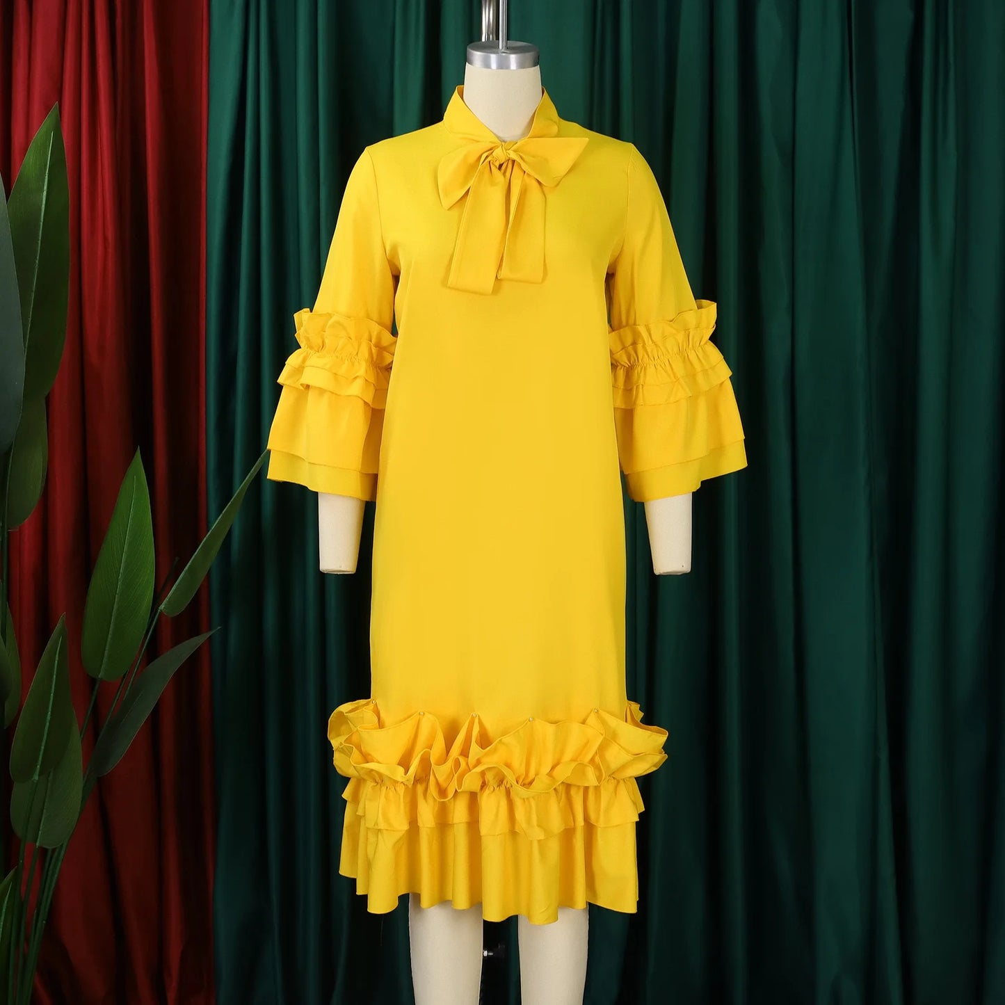 Women Dress Clothing 2024 New Arrivals Bow Collar Flare Sleeve Ruffles Straight Mid Calf Elegant Female Fashion Party Vestidos