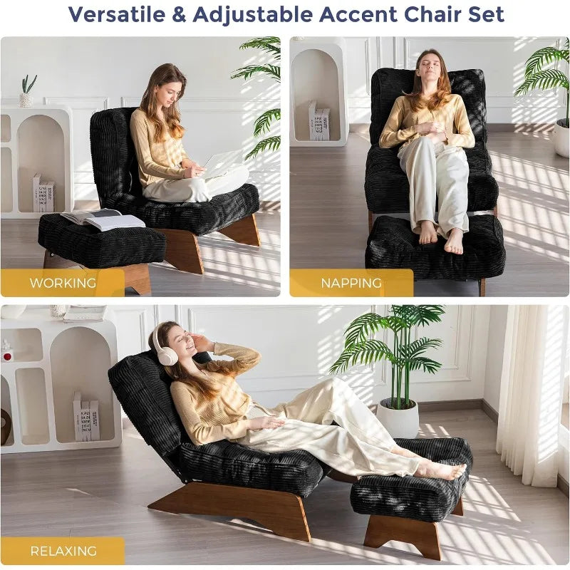 Accent Chair with Ottoman Adjustable Backrest, Tufted Living Room Chair Upholstered Lounge Chair with Footrest Set