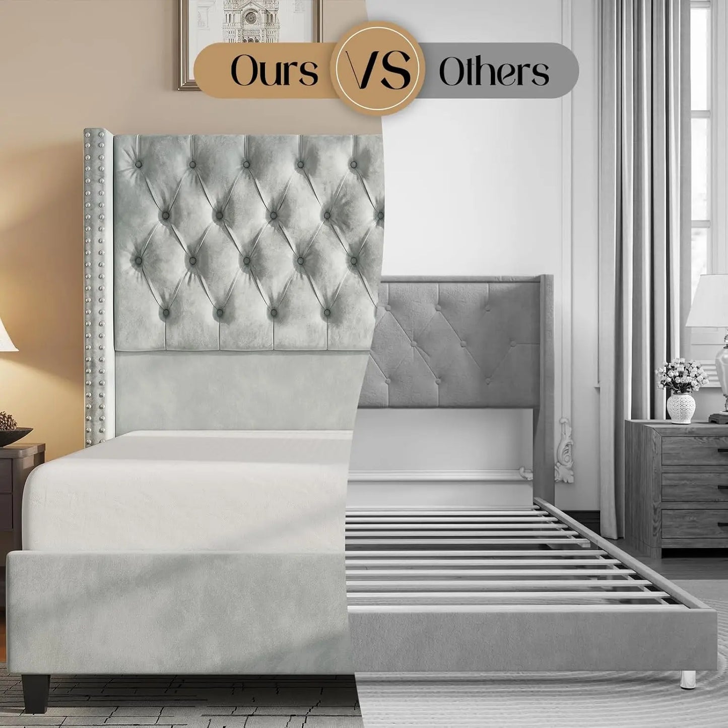 Queen Size Platform Bed Frame Velvet Upholstered Bed with Nailhead Trim Wingback Headboard 51.6" Tall,Button Tufted, Light Grey