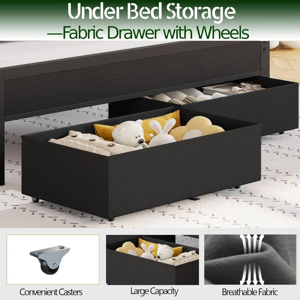 Furnulem Queen Bed Frame with Charging Station and LED Lights, Grey Upholstered Headboard with Shelves, Metal Platform Bed with