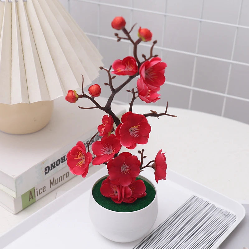 Simulation Plum Flower Pot Plant Artificial Plastic Fake Flowers Home Office Desktop Ornaments Wedding Party Background Decor