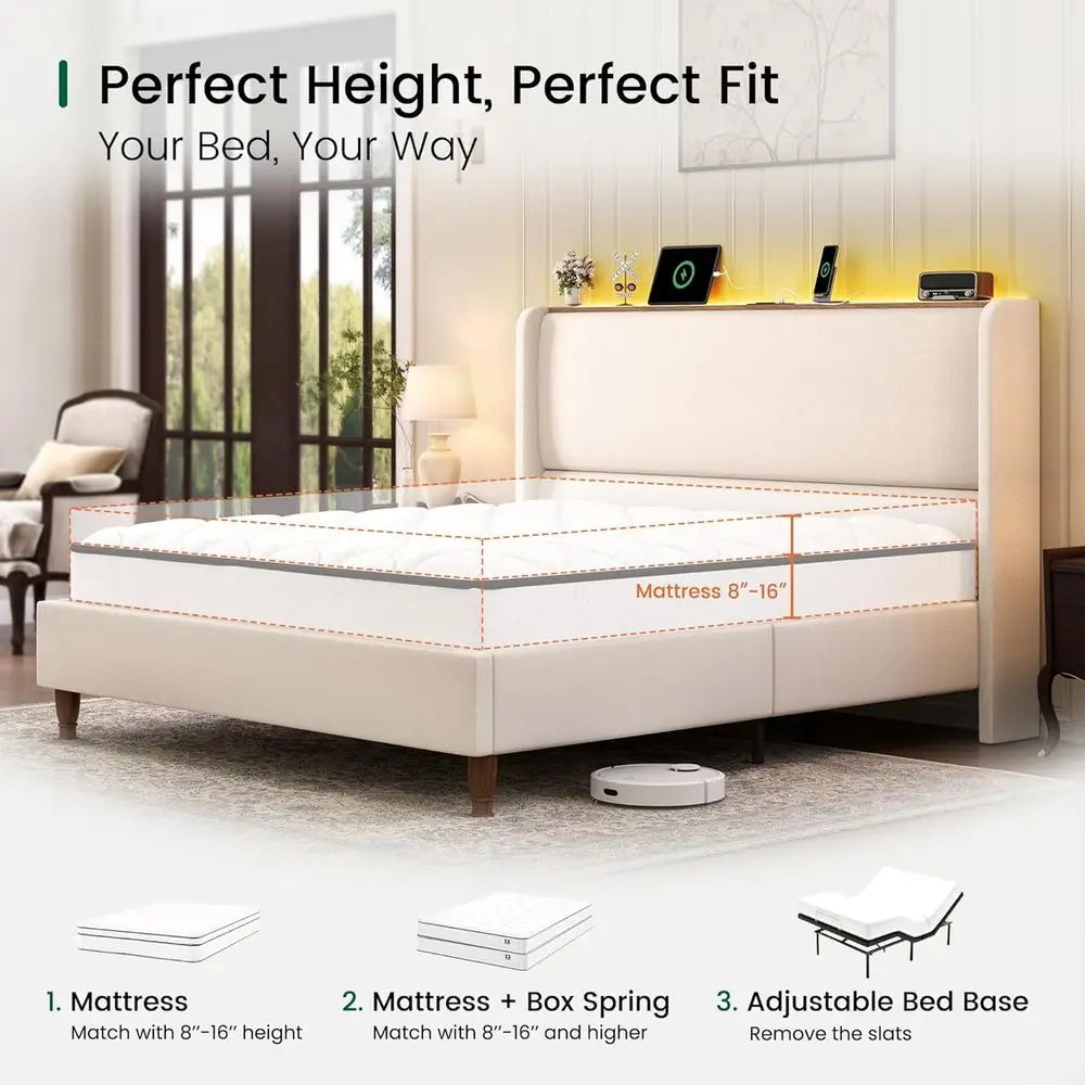 King Size Linen Bed Frame with LED Lights, Charging Station, and Storage Shelf - 51.2 Tall Wingback Headboard, No Box Spring Nee
