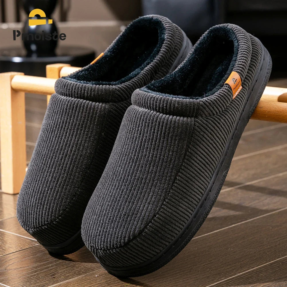 Warm Slippers for Men TPR Sole Memory Foam Soft Cushion Non Slip Stripe Design Comfortable Corduroy House Shoes