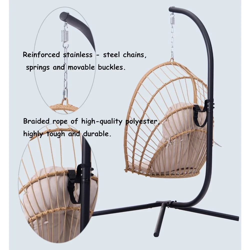 Egg Hanging Chair with Stand - Patio Wicker Swing Hammock Chair. 350lbs Capacity, Cushioned. Ideal for Bedroom, B