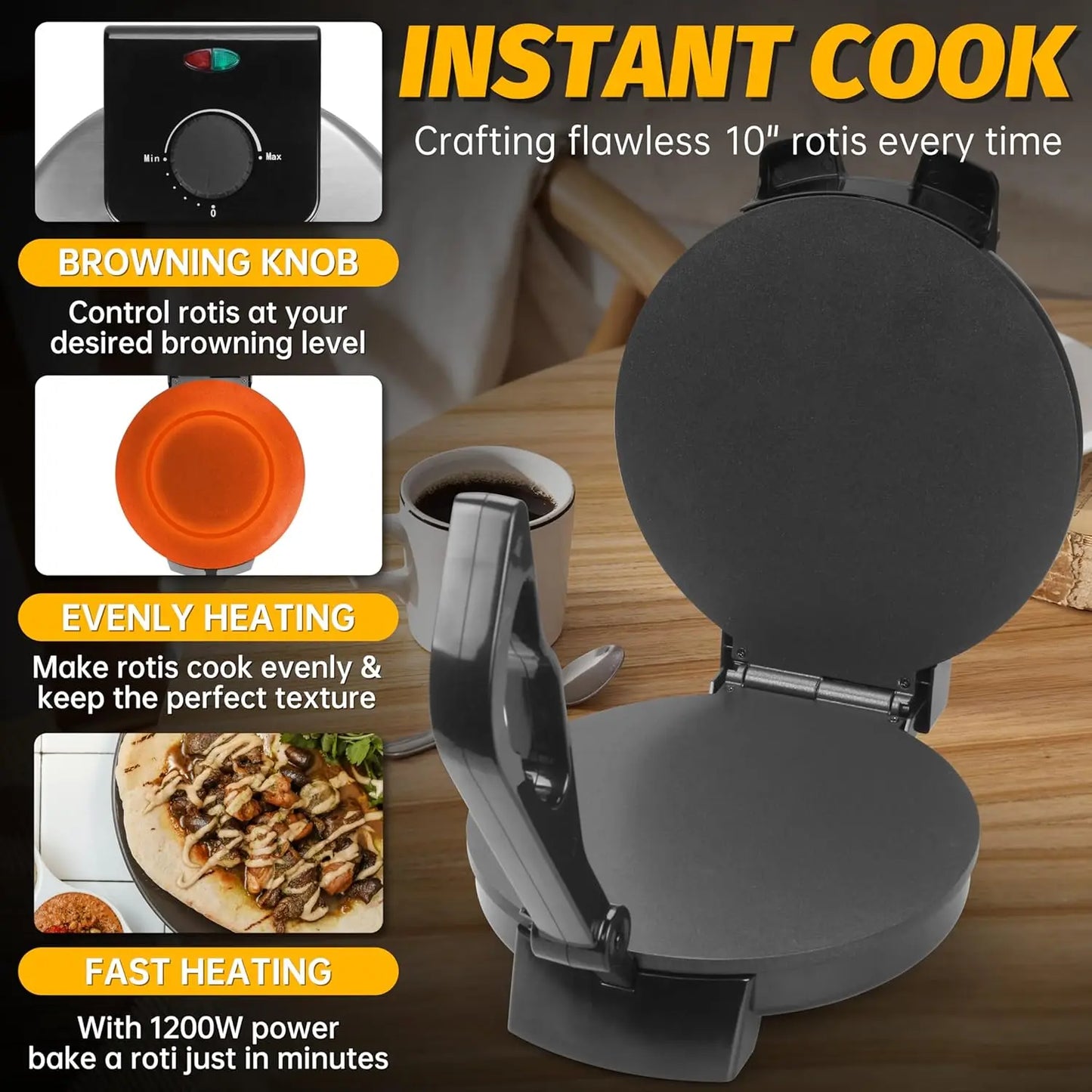 Compact 10'' Roti Maker Machine, Electric Tortilla Press with Detachable Handle, Chapati Maker Machine, Burrito Maker, Prensa Pa