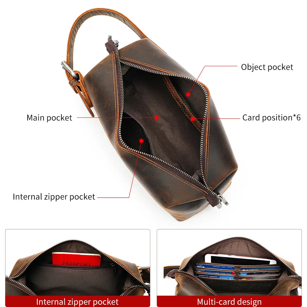 WESTAL Crazy Horse Leather Men's Clucth Bags with Handles, Large Capacity Wrister, Zipper Phone Pouch Men Leather Bags 3022