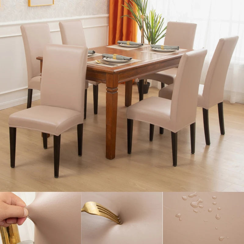 Dining Chair Covers,Solid Pu Leather Waterproof and Oilproof Stretch Dining Chair Protector Cover Slipcover