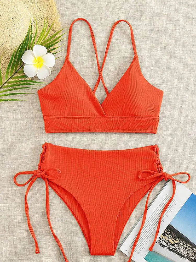 Sexy Solid V Neck Lace Up Bikinis 2 Piece Set Women Split Swimsuit High Waist Beach Bikinis 2025 New Summer Swimwear Bikinis Set