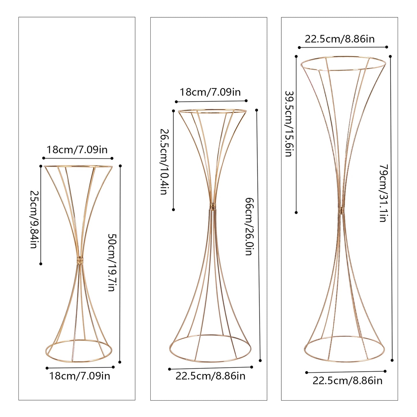 3Pcs Gold Metal Flower Stands for Weddings-19.7" to 31.1" Tall edding Centerpieces for Tables,Hourglass Centerpiece Trumpet Vase