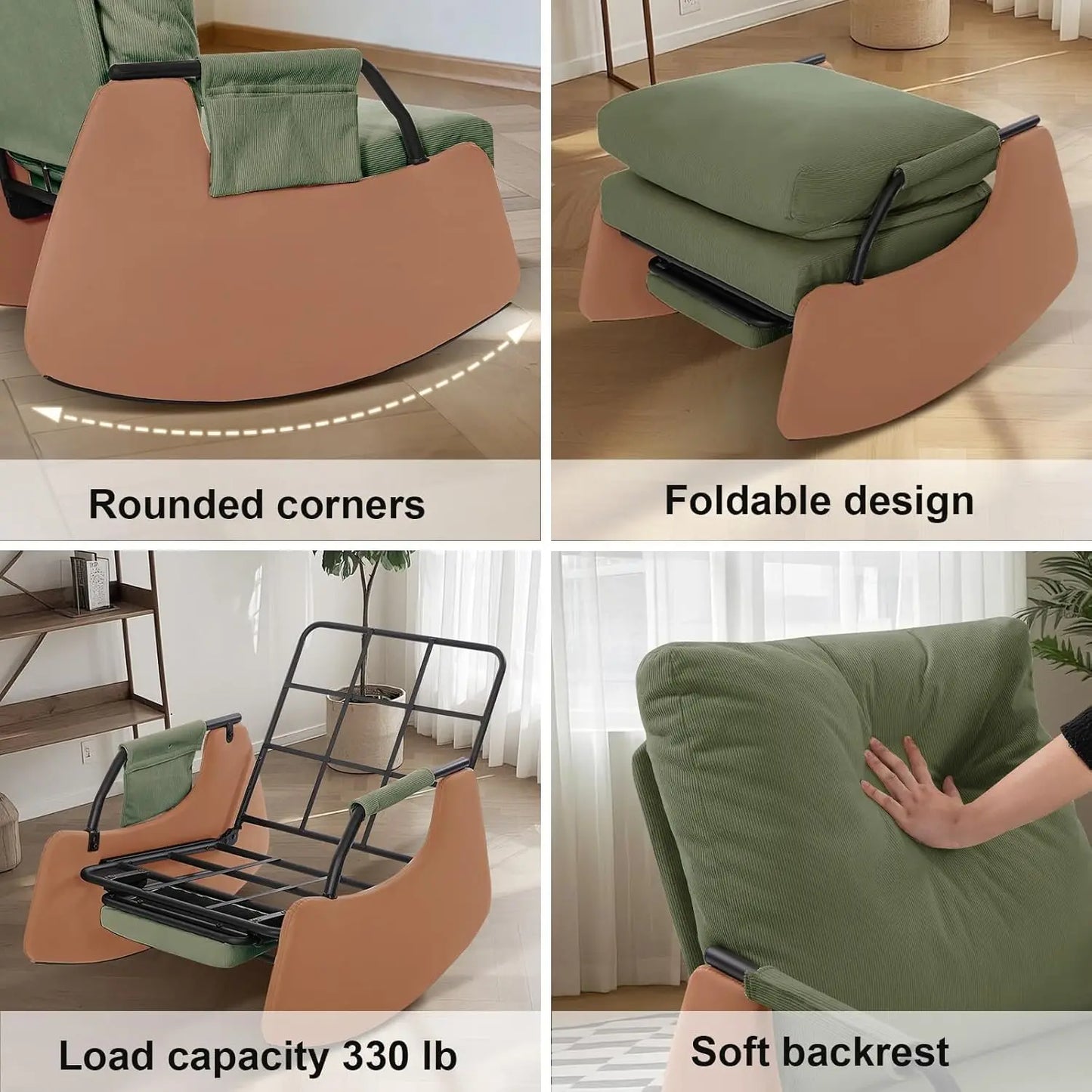 Upholstered Nursery Rocking Chair with High Backrest Side Pocket Gliding Iron Frame Rocking Chair with Footrest for Living Room