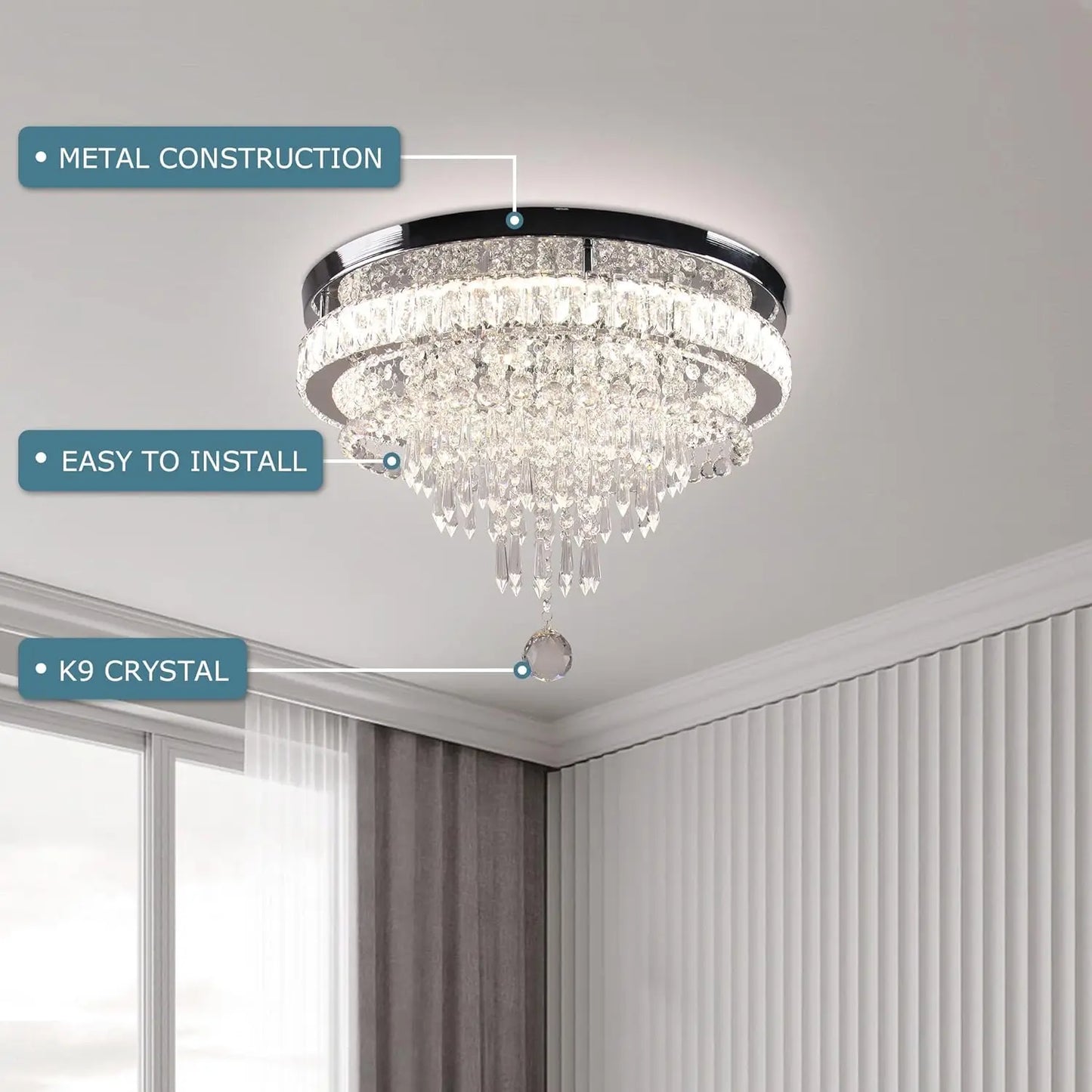FRIXCHUR 19.7'' Crystal Chandelier Ceiling Light Living Room Modern Bedroom Chandeliers LED Flush Mount Light Fixture for Kitche