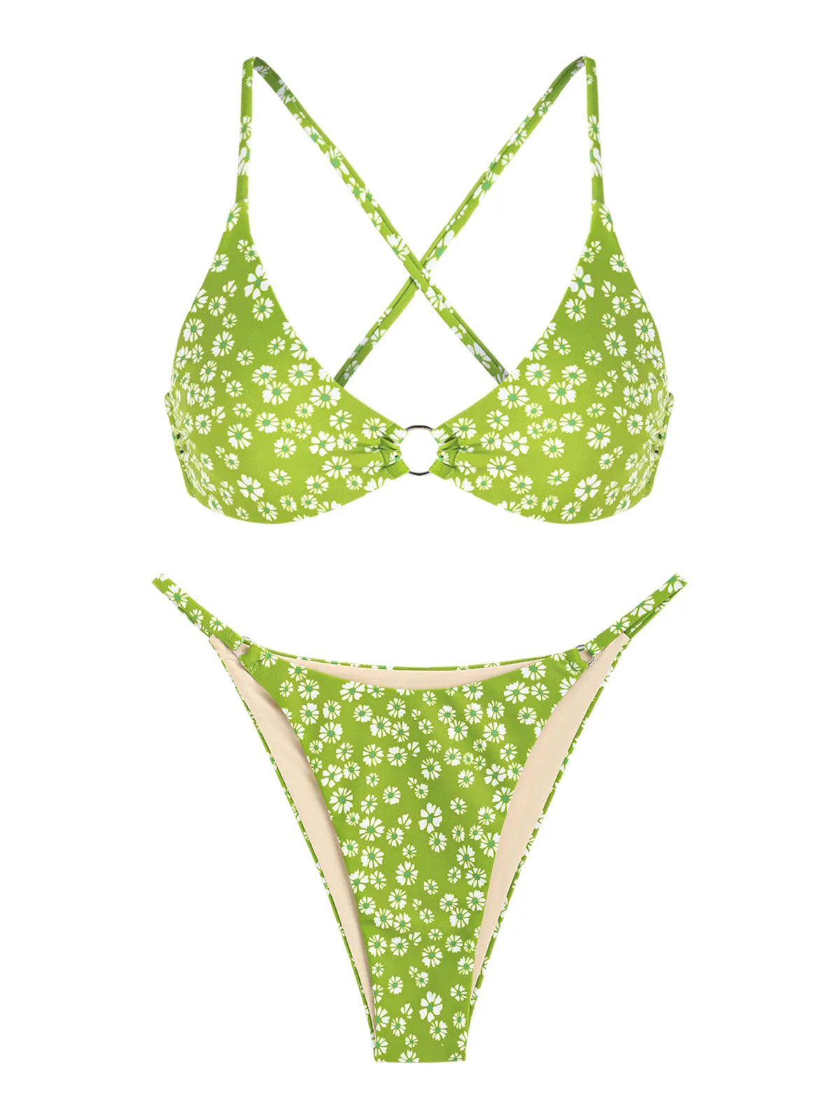 ZAFUL Women's swimwear Ditsy Floral Print O Ring Criss Cross Bikini Swimwear