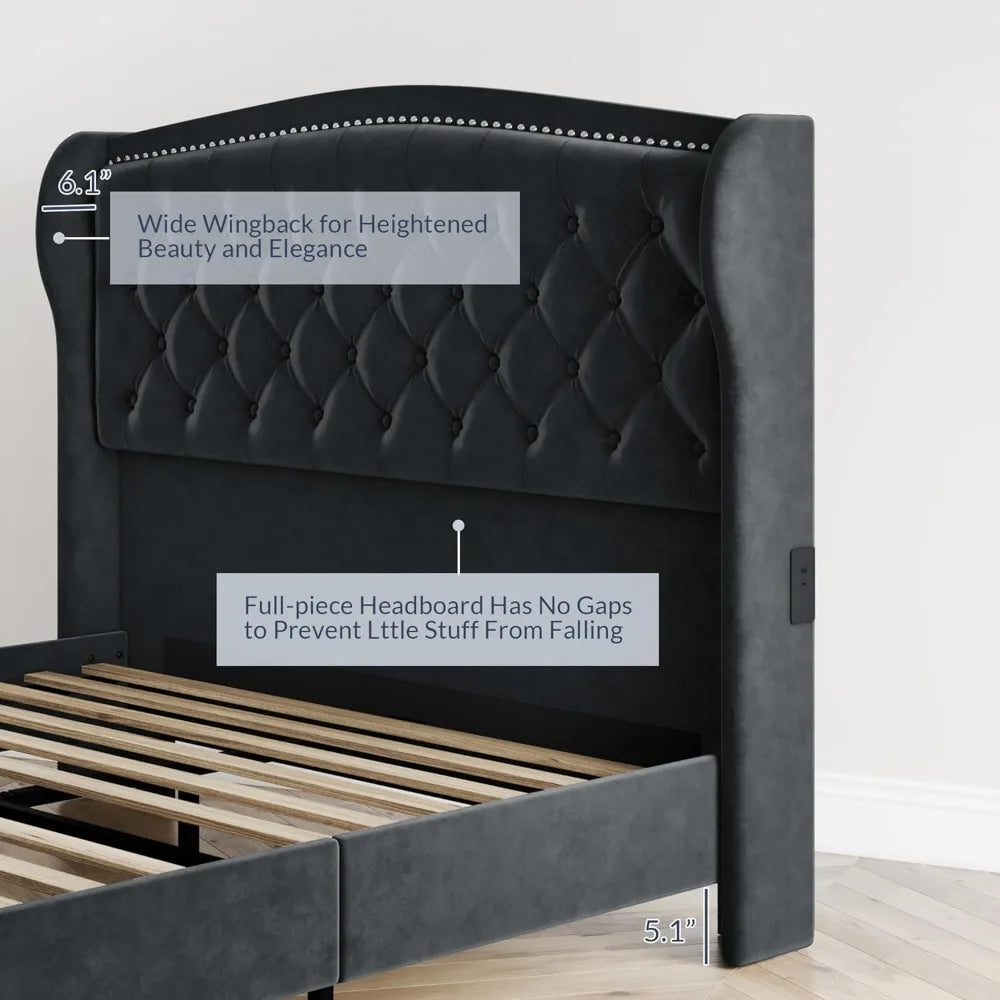 BELLEZE Queen Headboard Bed Frame with Fast Charging Port, Upholstered Platform Bed Frame with Handmade Button Tufted Headboard,