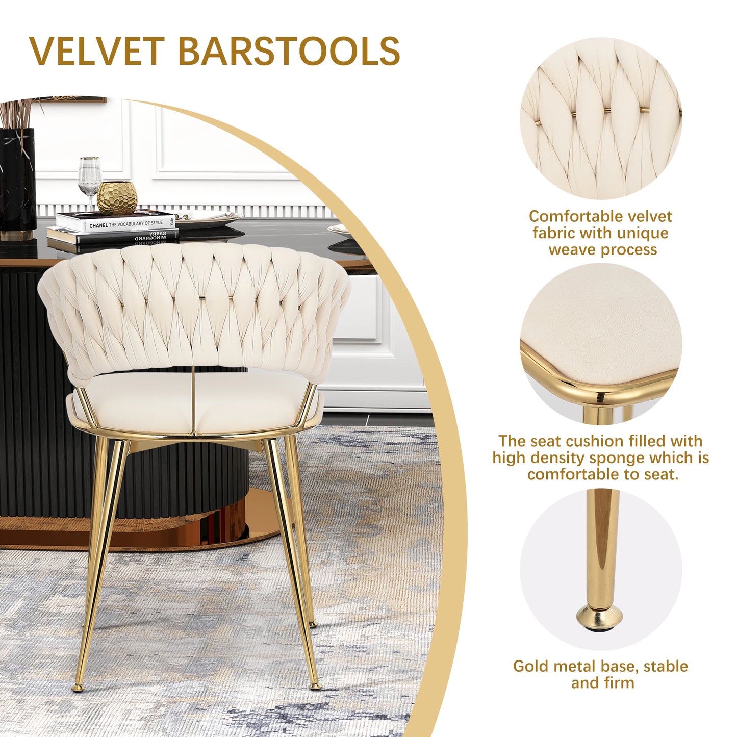 2 Piece Set Velvet Dining Chairs,Woven Round Back ,with Gold-Plated Legs -43.5×43.5×75cm