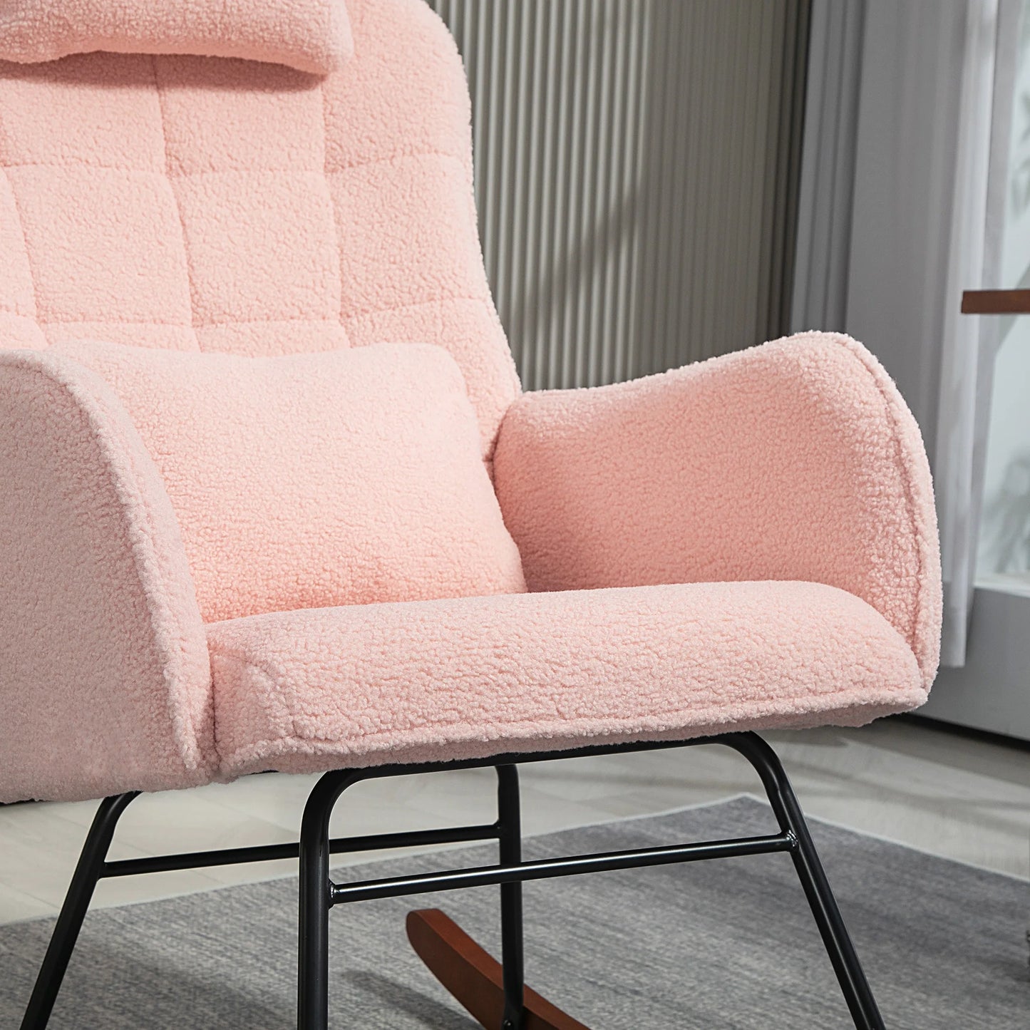 Homcom Boucle Rocking Chair with Headrest and Lumber Pillow Pink