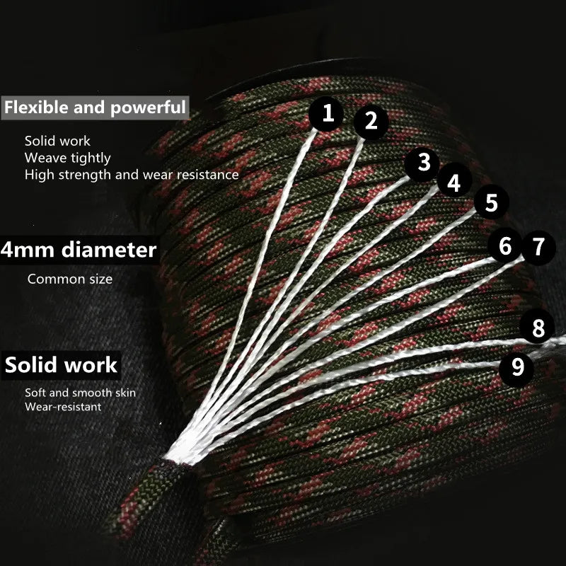 Military Paracord for Outdoor Survival, 9 Strand, 4mm, 650 Paracord, 50m, 100m, Tactical Parachute Cord, Camping, Weaving Rope