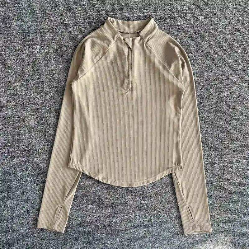 Wholesale Running Tops Half Zip Stand up Collar Sports Shirts Thumb Hole Long Sleeve Gym Fitness Top Ribbed Yoga T Shirt Women