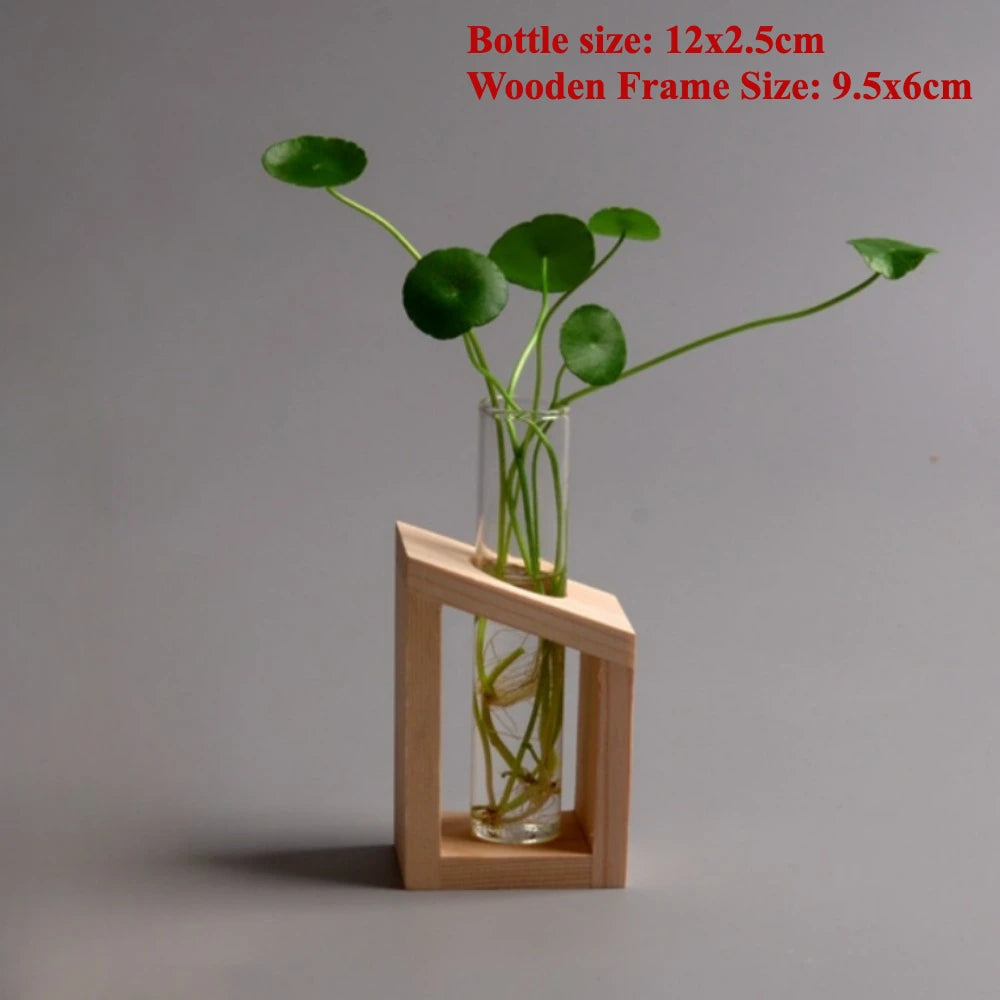 Creative Wooden Frame Hydroponic Flower Small Vase Plant Glass Bottle Container for Home Living Room Office Decoration