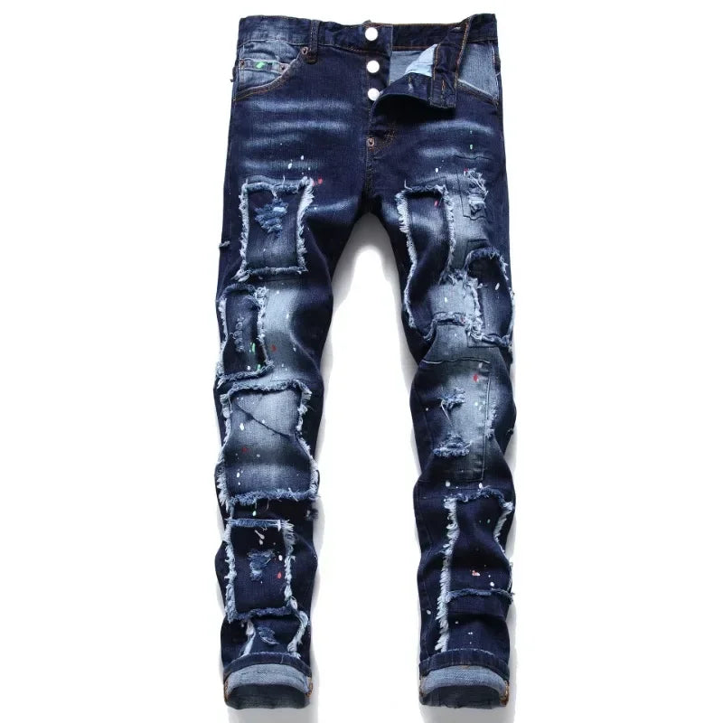 Streetwear Style Italian Men Blue Holes Denim Jeans Trousers Ripped Denim Long Pants High Quality Male Slim Denim Jeans Size 42