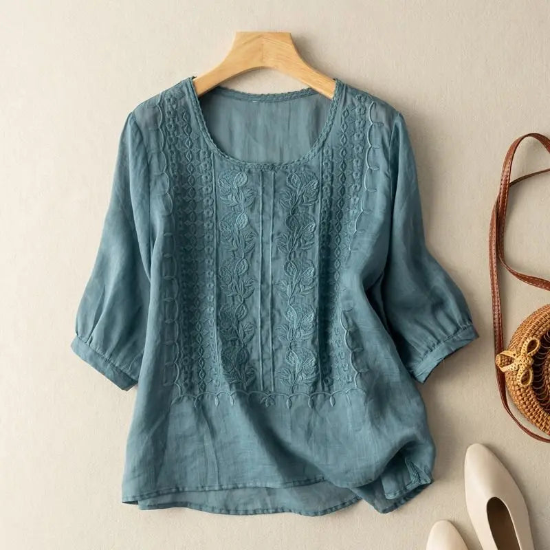 Women's Clothing Vintage Lace Embroidery Cotton Linen Shirt Summer Simple Casual O Neck Half Sleeve Blouses Irregular Loose Tops