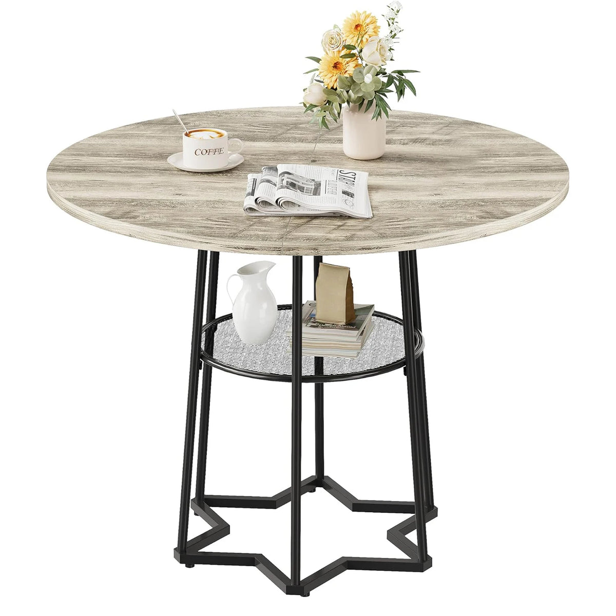 Rustic Round Dining Table Farmhouse Kitchen Table Dinner Table with Metal Base for Dining Room, Kitchen, Living Room