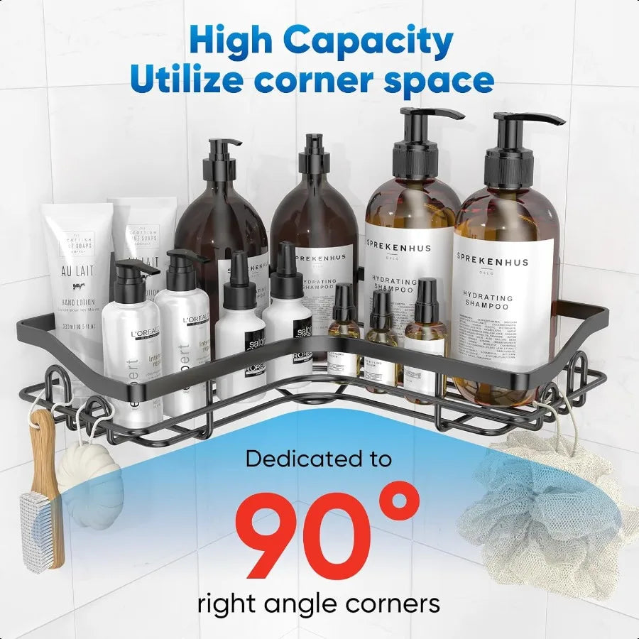 Black Corner Adhesive Shower Caddy Rustproof Stainless Steel Corner Shower Shelves for Bathroom Kitchen No Drilling Wall Mounte