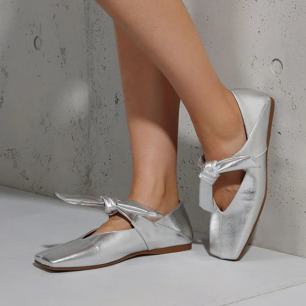Bow Knot Ballet Flats Shoes for Women Bowtie Strap Ballerina Shoes Slip-on Square Toe Mary Jane Flats