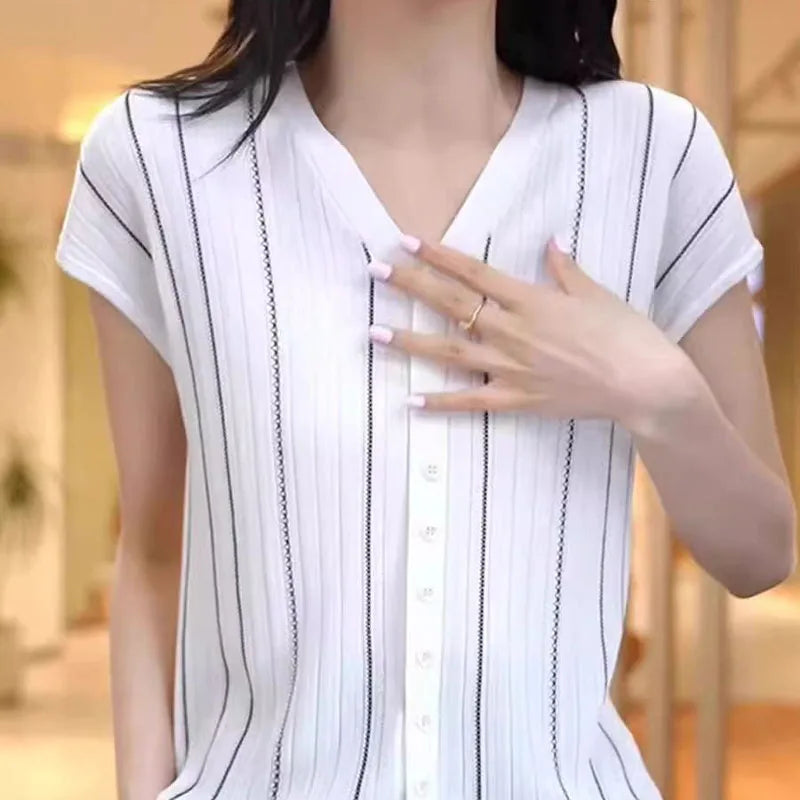 Women's Clothing Hollow Out French Style Cardigan Summer Striped Large Size Knit tees Short Sleeve Lady V-neck All-match Tops