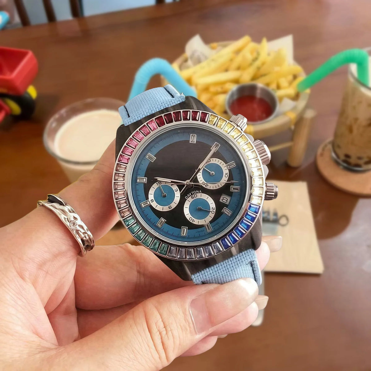 Luxury Mens Watch Genuine Stainless Steel Strap Alloy Case Three Eye Six Hands Chronograph Diamond Accent High Quality