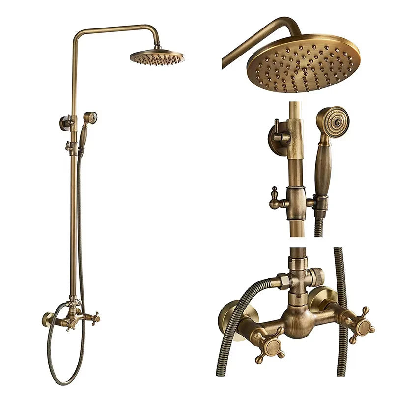 Antique Brass Bathroom Shower Faucet Sets Rainfall Head Wall Mounted Mixer Tap Hot and Cold Taps