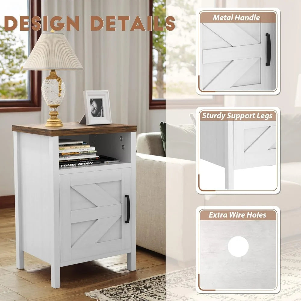 Modern Bedside Tables Set of 2, Nightstand with Barn Door and Open Shelf, Side Table for Small Spaces, Sleek and Compact Design