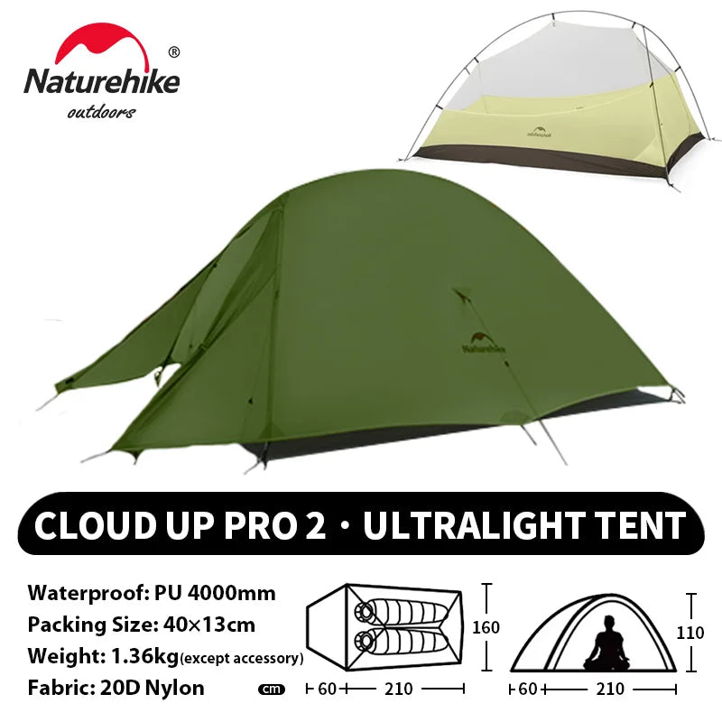 Naturehike Cloud Up 2 People Tent Ultralight 20D Camping Tent Waterproof Outdoor Hiking Travel Backpacking Cycling Fishing Tents