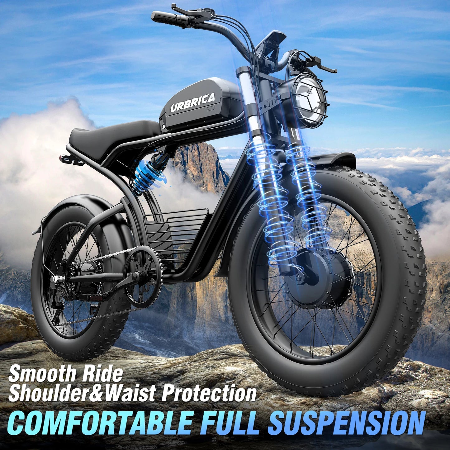 Urbrica K7 Electric Bicycle 3000W For Adults 48V 23AH Battery Mountain Moped Ebike 20 Inch Fat Tire With Basket Dual Motor