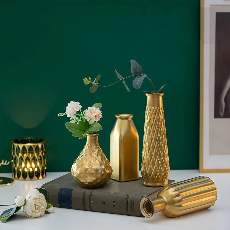 Cylindrical Gold Glass Vase, Gilded Finish Antique Art Style, Home Decoration, Table Centerpiece, Halloween Christmas Decoration