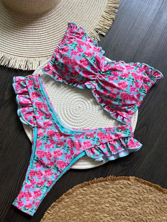 Sexy Print Strapless Bikinis 2 Piece Set Women Split Swimsuit High Waist Backless Laced Up Bikinis 2025 New Summer Bikinis Set