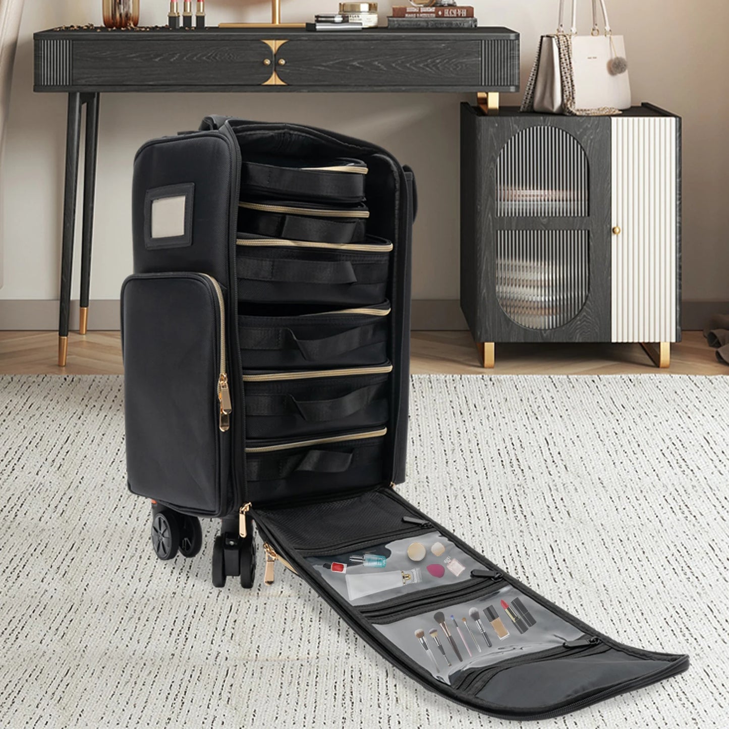 Rolling Makeup Train Case Cosmetic Storage Organizer with 6 Removable Cosmetic Bags Rolling Trolley Cosmetic Case for Makeup