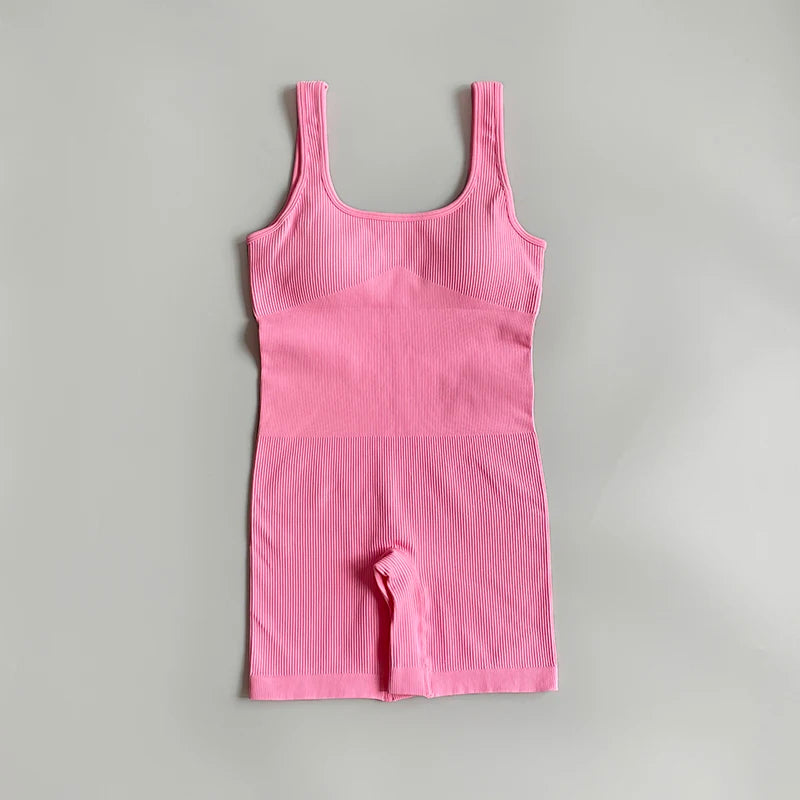 Seamless Women Yoga Suits Workout Ribbed Square Neck Sleeveless One-piece Yoga sets Fitness With Shorts Bodysuit Sportswear
