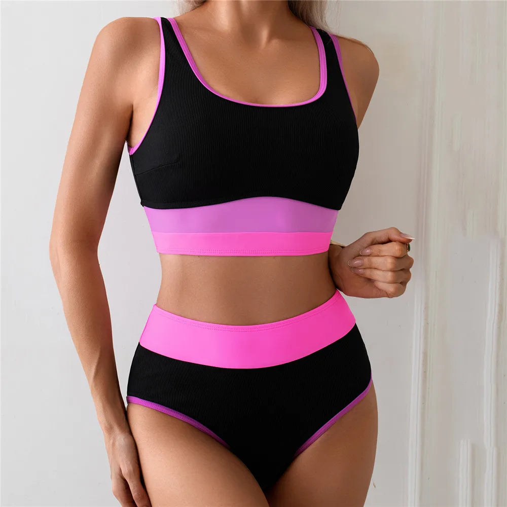 Black Pink Patchwork Ribbed Swimwear Bandeau High Waist Bikini Sports Sexy Swimsuit Women Bathing Suit Bikinis Sets De Mujer