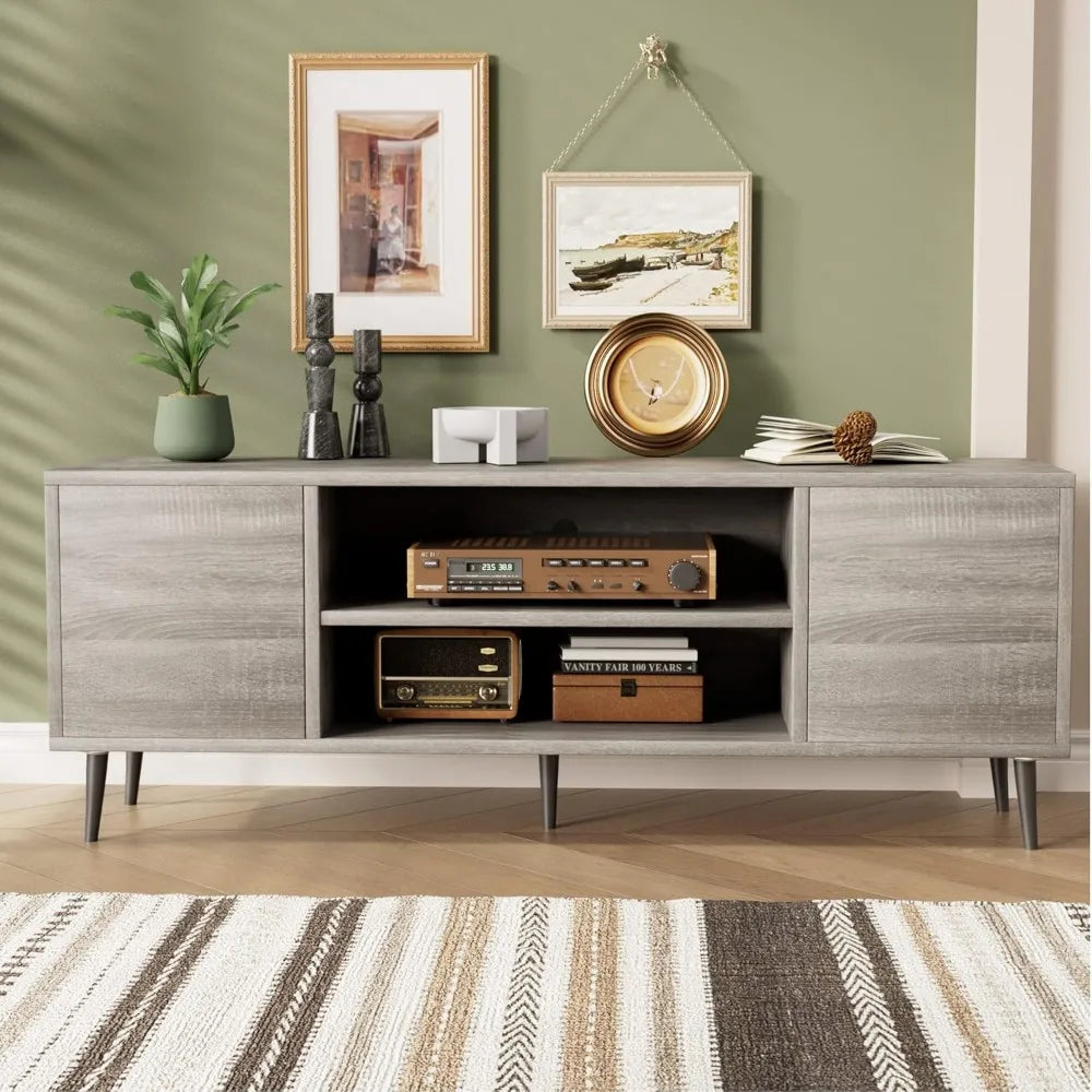 Mid Century Modern 65 TV Stand with Storage and Open Shelves for Entertainment Center