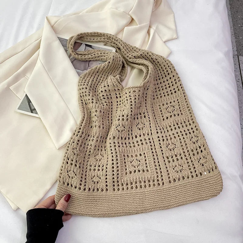 Women'S Shopping Bag Vintage Knitted Shoulder Bag Handmade Crochet Bag Slouchy Hollow Out Handbag For Shopping Women'S Casual