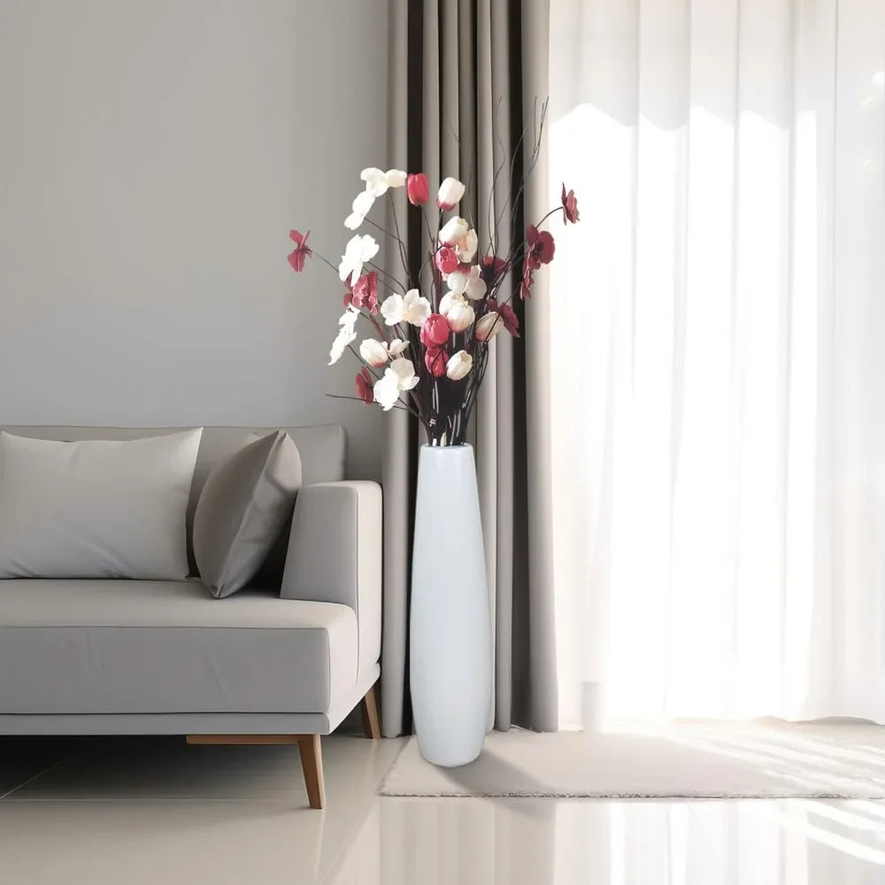 Large Decorative White Ceramic Floor Vase 24 Inches Tall for Flower Arrangements, Table Centerpieces, and Home Living Room Decor